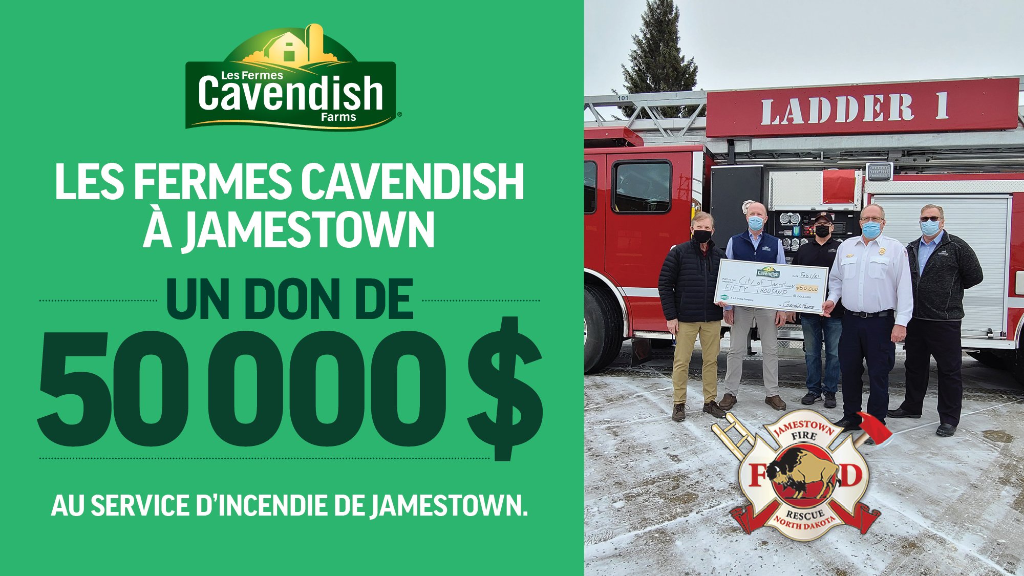 Les Fermes Cavendish appuient le service d'incendie de Jamestown grâce à un don de 50 000 $ pour aider à compenser une partie du coût de la nouvelle auto-échelle.